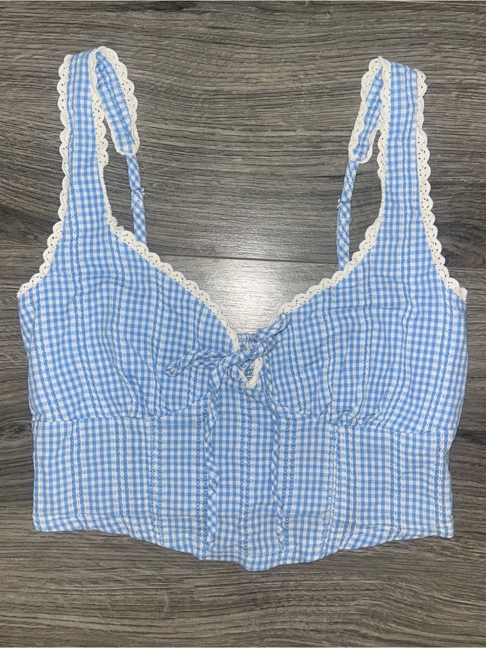 Cottagecore Blue Gingham Lace-Trim Crop Top small